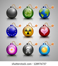 Set of burning bomb icons isolated on grey background