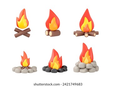 Set of burning bonfire or campfire laid cobblestones and firewood with fire or flame. 3d realistic design element plasticine texture. Camping, picnic, tourism concept. Vector illustrations isolated