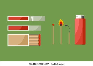 Set of burning burnt matches matchbox and gas lighter. 3d flat vector illustration