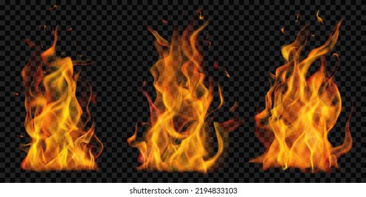 Set of burning campfires of flames and sparks on transparent background. For used on dark illustrations. Transparency only in vector format