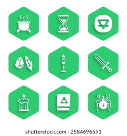 Set Burning candle, Ancient magic book, Spider, Medieval sword, Magic stone, Earth element and Witch cauldron icon. Vector