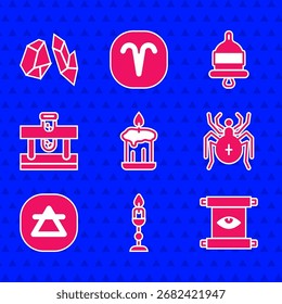 Conjunto de vela ardiente, pergamino mágico antiguo, araña, elemento de aire, botella con poción, timbre de alarma e icono de piedra mágica. Vector