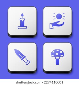 Set Brennende Kerze, Ball schweben über der Hand, Dagger und Psilocybin Pilzsymbol. Weißer Quadrat-Knopf. Vektorgrafik