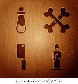 Set Burning candle , Bottle with potion , Meat chopper  and Crossed bones  on wooden background. Vector