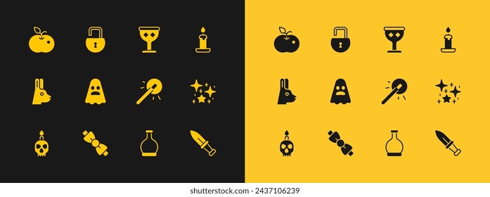 Vela ardiente, corbata de lazo, varita mágica, botella con poción, fantasma, vaso medieval, manzana venenosa e icono de candado abierto. Vector