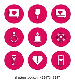 Set Burning candle, Broken heart or divorce, Mobile phone with, Heart the center of darts target aim, Key shape, Wedding rings, Like and  icon. Vector