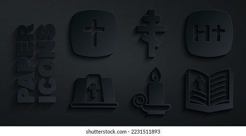 Set Burning candle in candlestick, Christian cross, Pope hat, Holy bible book,  and  icon. Vector