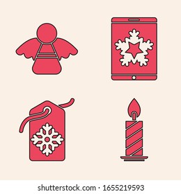 Set Burning candle in candlestick, Christmas angel, Christmas on smartphone and snowflake and Price tag with an inscription Sale icon. Vector