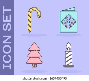 Set Burning candle in candlestick, Christmas candy cane with stripes, Christmas tree and Christmas postcard icon. Vector