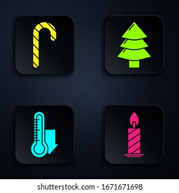 Set Burning candle in candlestick, Christmas candy cane with stripes, Meteorology thermometer measuring and Christmas tree. Black square button. Vector