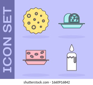 Set Burning candle in candlestick, Cookie or biscuit with chocolate, Nougat with nuts and Marzipan sponge cake icon. Vector