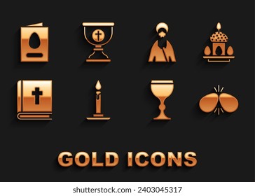 Set Burning candle in candlestick, Easter cake eggs, Wine glass, Holy bible book, Jesus Christ, Greeting card with Happy and Christian chalice icon. Vector