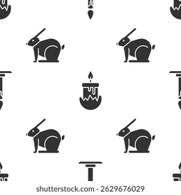 Set Burning candle in candlestick, Burning candle and Easter rabbit on seamless pattern. Vector