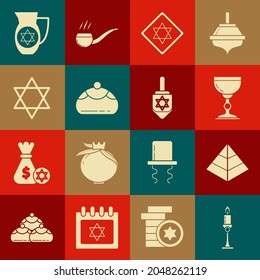 Set Burning candle in candlestick, Egypt pyramids, Jewish goblet, Star of David, sweet bakery, Decanter with star david and Hanukkah dreidel icon. Vector