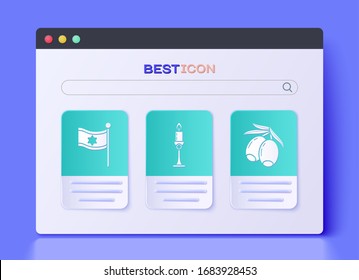 Set Burning candle in candlestick, Flag of Israel and Olives branch icon. Vector