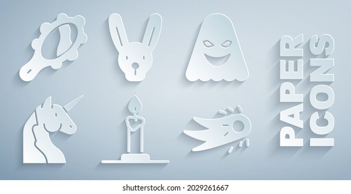 Set Burning candle in candlestick, Ghost, Unicorn, Fireball, Rabbit with ears and Magic hand mirror icon. Vector
