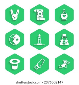 Set Burning candle in candlestick, Hand saw, Hermes sandal, Magician, hat, Moon stars, Bottle with love potion and Rabbit ears icon. Vector