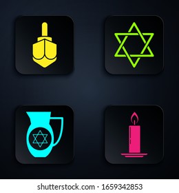 Set Burning candle in candlestick, Hanukkah dreidel, Decanter with star of david and Star of David. Black square button. Vector