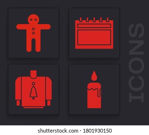 Set Burning candle in candlestick, Holiday gingerbread man cookie, Calendar and Christmas sweater icon. Vector