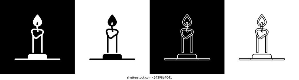 Set Vela ardiente en icono de candelabro aislado sobre fondo blanco y negro. Vela cilíndrica con llama ardiente.  Vector