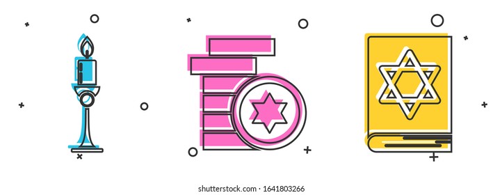 Set Burning candle in candlestick, Jewish coin and Jewish torah book icon. Vector