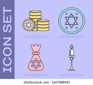 Set Burning candle in candlestick, Jewish coin, Jewish money bag with star of david and Jewish coin icon. Vector