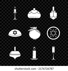 Set Burning candle in candlestick, Jewish sweet bakery, Hanukkah dreidel, goblet, kippah with star of david and Pomegranate icon. Vector