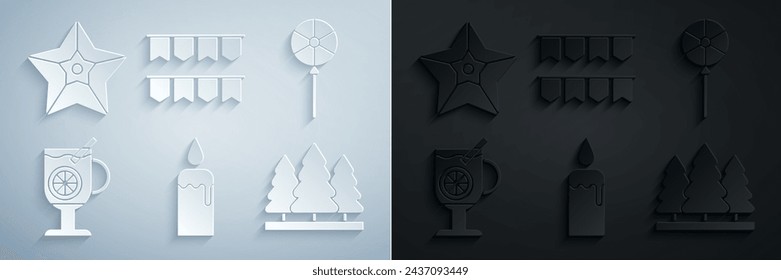 Vela ardiente en candelabro, piruleta, vino caliente con copa de bebida, árboles de Navidad, banderas de guirnaldas de carnaval e icono de estrella. Vector