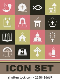 Set Burning candle in candlestick, Rosary beads religion, Pope hat, Christian fish symbol, Nun, Calendar with Easter, Dove and Church sermon tribune icon. Vector