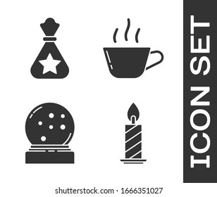 Set Burning candle in candlestick, Santa Claus bag gift, Christmas snow globe with fallen snow and Coffee cup icon. Vector