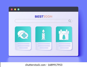 Set Burning candle in candlestick, Snowflake with speech bubble and Calendar icon. Vector