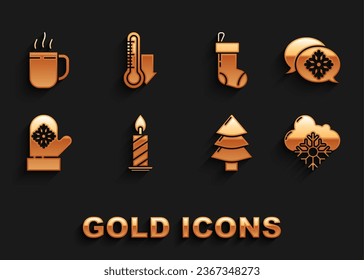 Set Burning candle in candlestick, Snowflake with speech bubble, Cloud snow, Christmas tree, mitten, stocking, Coffee cup and Meteorology thermometer measuring icon. Vector