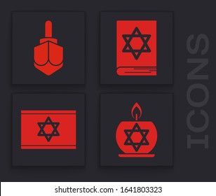 Set Burning candle in candlestick with star of david, Hanukkah dreidel, Jewish torah book and Flag of Israel icon. Vector