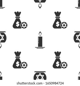 Set Burning candle in candlestick with star of david, Burning candle in candlestick and Jewish money bag with star of david and coin on seamless pattern. Vector