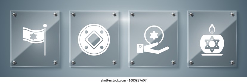 Set Burning candle in candlestick with star of david, Jewish coin on hand, Jewish coin and Flag of Israel. Square glass panels. Vector