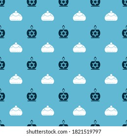 Set Burning candle in candlestick with star of david and Jewish sweet bakery on seamless pattern. Vector