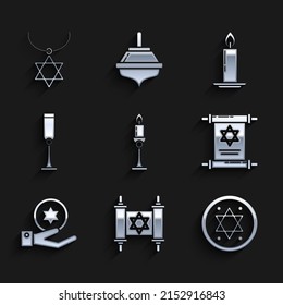 Set Burning candle in candlestick, Torah scroll, Jewish coin, on hand, goblet,  and Star of David necklace chain icon. Vector