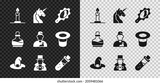 Set Burning candle in candlestick, Unicorn, Magic hand mirror, Witch hat, Magician, Bottle with potion,  and Wizard warlock icon. Vector