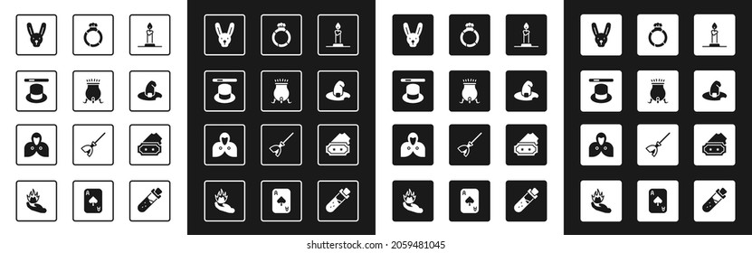 Set Burning candle in candlestick, Witch cauldron, Magic hat wand, Rabbit with ears, stone ring gem, Ticket and Mantle, cloak, cape icon. Vector