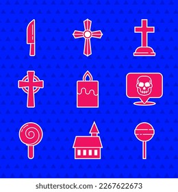 Set Burning candle, Castle, Lollipop, Skull, Tombstone with cross,  and Knife icon. Vector