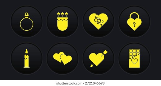 Set Brennende Kerze, Schloss die Form des Herzens, Herz, Amour mit Pfeil, Geheilt gebrochen, Quiver Pfeile, Schokolade Bar und Diamant Verlobungsring Symbol. Vektorgrafik