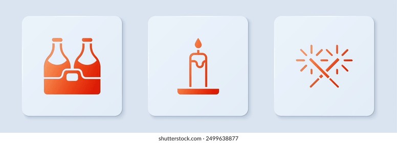 Set Burning candle, Champagne bottle and Sparkler firework. White square button. Vector