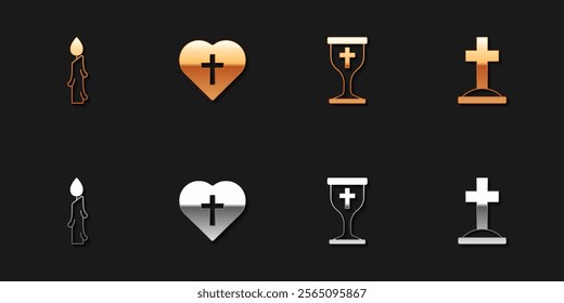 Set Burning candle, Christian cross heart, chalice and Grave with icon. Vector