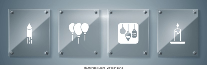 Set Burning candle, Christmas lights, Balloons with ribbon and Firework rocket. Square glass panels. Vector