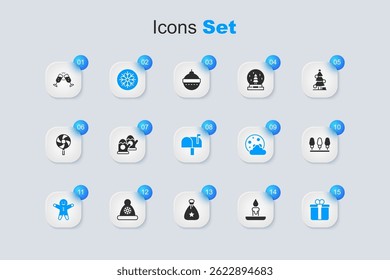 Set Burning candle, Christmas mittens, Snowflake, Holiday gingerbread man cookie, Gift box, lights, Glass of champagne and Mail icon. Vector
