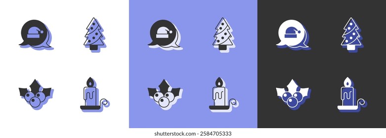 Set Burning candle, Christmas Santa Claus hat, Branch viburnum and tree icon. Vector