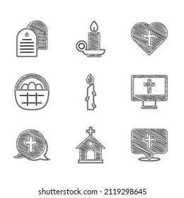 Set Burning candle, Church building, Location church, Christian cross monitor, Basket with easter eggs, heart and Holy bible book icon. Vector