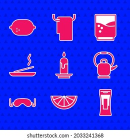 Set Burning candle, Citrus fruit, Bottle of shampoo, Kettle with handle, Eye sleep mask, Scented spa stick, Glass water and Lemon icon. Vector