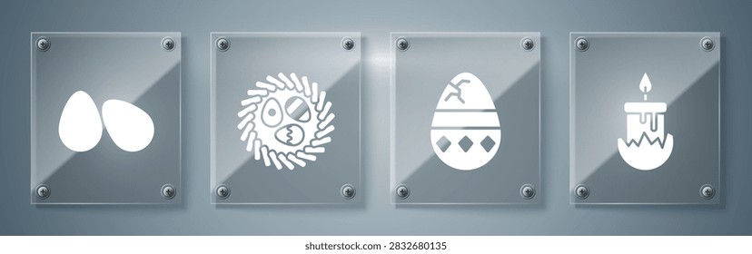 Set Burning candle, Cracked egg, Easter egg in a wicker nest and Easter eggs. Square glass panels. Vector
