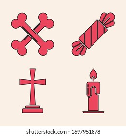 Set Burning candle , Crossed bones , Candy  and Tombstone with cross  icon. Vector